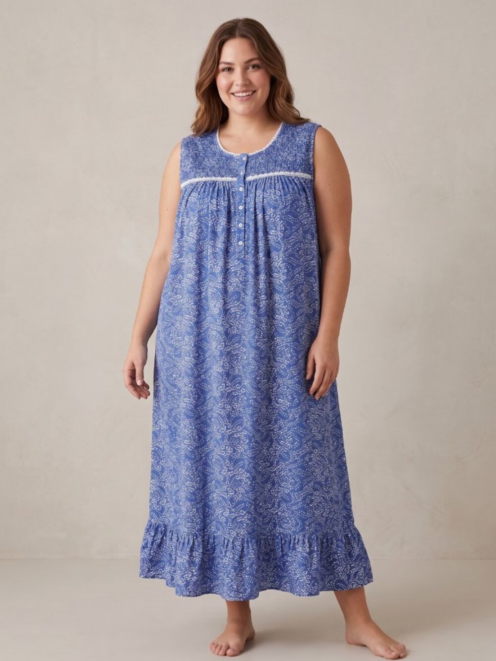 NWT Izzy + Toby Blue Floral Smocked Cotton Nightgown Large